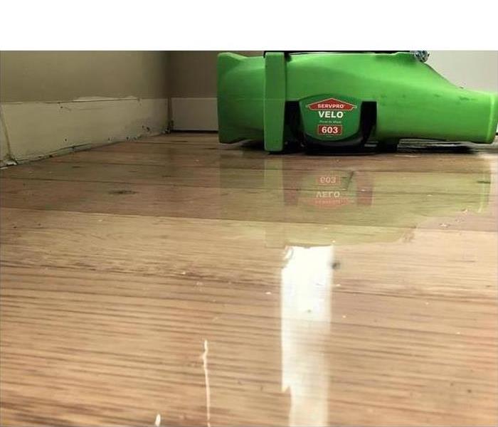 wet wooden floor, air mover beside baseboard